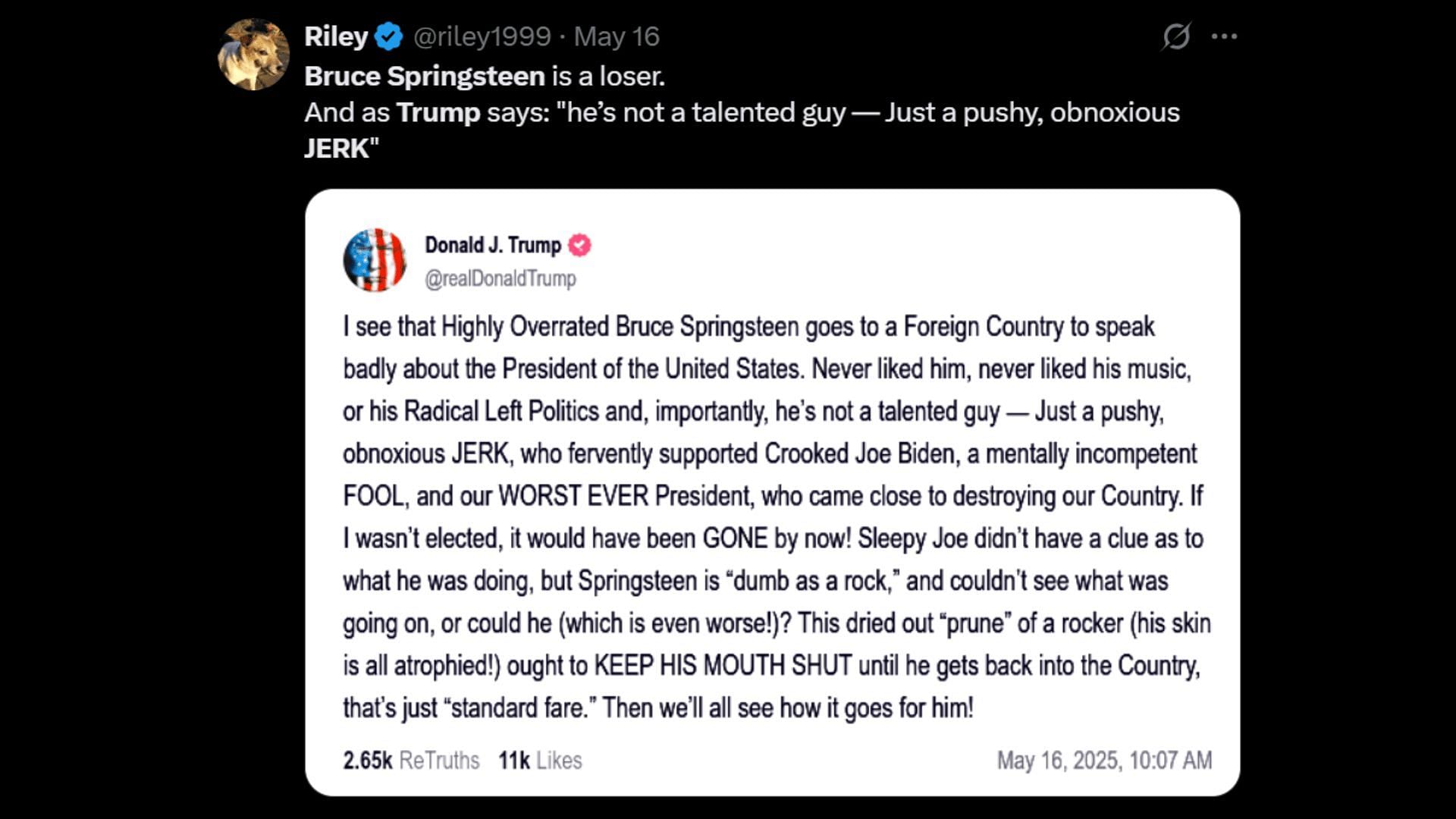 Trump hits back at Springsteen. (Image via X)